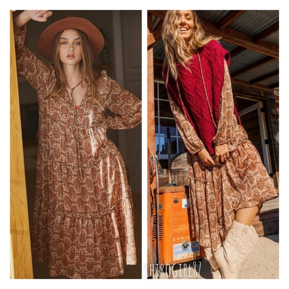 Gorgeous boho mocha tan geometric print long sleeve dress - Picture 2 of 10